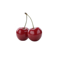Two ripe red cherries with stems are shown against plain background, highlighting their glossy texture and vibrant color. cherries appear fresh and juicy, perfect for summer treat png