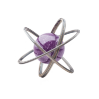 Purple glittery sphere is encircled by metallic rings, resembling abstract atomic model, set against transparency background. design is futuristic and visually striking png
