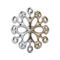 This features symmetrical, metallic abstract sculpture with dual tone design silver and gold, resembling snowflake or floral pattern. intricate loops and curves create modern and artistic png
