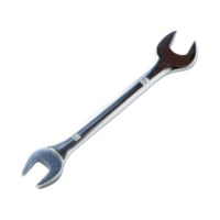 Shiny metal wrench with open ends, used for tightening or loosening nuts and bolts, is displayed against transparency background. tool is essential for mechanical and repair tasks png