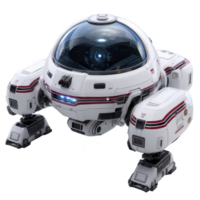 Futuristic white robot with transparent dome and mechanical legs stands ready for exploration. Its sleek design features red stripes and advanced technology, evoking sense of innovation png
