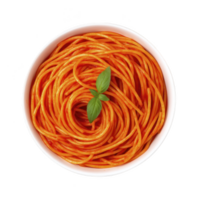 Bowl of spaghetti with vibrant red tomato sauce is garnished with fresh basil leaves, creating appetizing and colorful presentation png