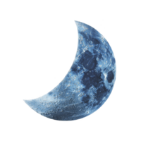 Crescent moon with blue tint and detailed craters set against transparency background, evoking sense of mystery and wonder png