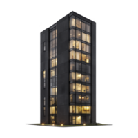 Modern, illuminated high rise building with glass windows stands against transparency background, showcasing its architectural design and urban setting. structure exudes contemporary and sleek png