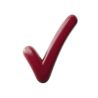 Glossy red check mark symbol on transparent background, representing approval or completion. shiny finish adds modern touch, making it suitable for digital use png