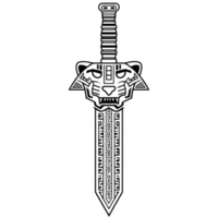 Detailed illustration of sword with lion head on hilt, symbolizing strength and courage. design is intricate, featuring sharp lines and symmetrical pattern png