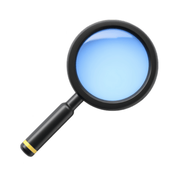 Black magnifying glass with blue lens is depicted against transparency background, symbolizing search and discovery. handle is sleek with gold accent, adding touch of elegance png