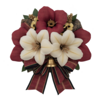 Beautiful floral arrangement featuring red and white flowers with decorative ribbon and bell, creating elegant and festive display png