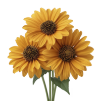 Three vibrant sunflowers with lush green leaves are beautifully arranged, showcasing their bright yellow petals and dark centers. cheerful display evokes sense of warmth and happiness png