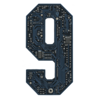 Digital number nine is creatively designed using circuit board pattern, showcasing intricate electronic components and blue lines. This innovative design merges technology with art png