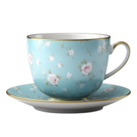 Delicate blue floral teacup with matching saucer, featuring gold rim and elegant design, evokes sense of vintage charm and sophistication png