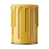Vibrant yellow paint can with glossy drips cascading down its sides, creating striking visual effect. smooth texture and bright color evoke creativity and artistic expression png