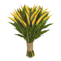 Vibrant bouquet of yellow heliconia flowers with lush green leaves, wrapped in natural burlap material, creating tropical and exotic feel png