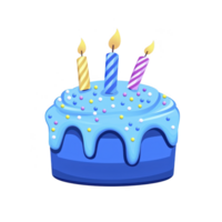Blue birthday cake with three lit candles and colorful sprinkles creates festive and joyful atmosphere png
