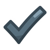 Large, bold check mark symbol in dark gray with glossy finish, representing approval or completion. check mark is set against transparent background, making it versatile for various uses png