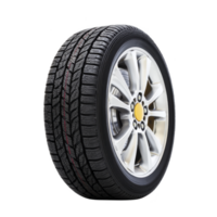 Car tire with shiny alloy wheel is displayed against transparency background, showcasing its tread pattern and sleek design. tire appears new and suitable for various road conditions png