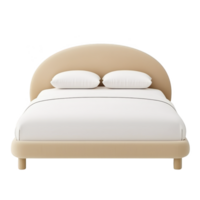Modern beige upholstered bed with rounded headboard and white bedding, featuring two pillows, creates cozy and inviting atmosphere png