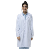 Smiling person wearing white lab coat stands confidently, suggesting professional in medical or scientific field. attire and expression convey sense of expertise and approachability png