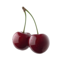 Two fresh cherries with stems and water droplets on transparency background, showcasing their vibrant red color and glossy texture. Perfect for illustrating freshness and natural sweetness png