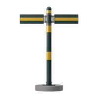 Green and yellow striped street signpost with two blank rectangular signs on round concrete base. design is simple and modern, suitable for urban environments png