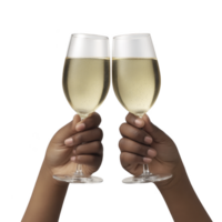 Two hands holding champagne glasses in celebratory toast, filled with sparkling wine. image conveys festive and joyful atmosphere, perfect for celebrations png