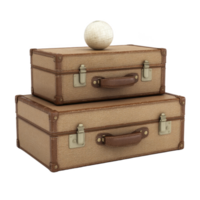 Two vintage suitcases with leather handles are stacked, topped with small globe, evoking sense of travel and adventure. suitcases have classic, textured design png