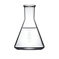 Transparent glass Erlenmeyer flask with measurement markings, half filled with clear liquid, used in scientific experiments and laboratory settings png