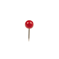 Single red pushpin with shiny round head and sharp metal point is isolated on transparency background, perfect for office or school use png