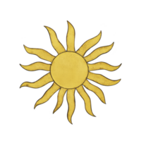 Stylized yellow sun with wavy rays radiates warmth and energy against plain background, evoking sense of brightness and positivity png