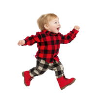 Joyful toddler in red and black plaid shirt and checkered pants is energetically running, wearing bright red boots. child appears happy and full of energy against plain background png