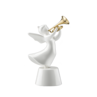 blanco cerámico ángel figurilla con dorado trompeta soportes esmeradamente, simbolizando paz y celebracion. suave terminar y delicado diseño hacer eso Perfecto decorativo pedazo png