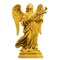 Golden angel statue with wings and trumpet stands gracefully, exuding sense of peace and divinity. detailed sculpture captures flowing robes and serene expression of angel png
