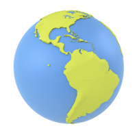 3D illustration of Earth shows Western Hemisphere, highlighting North and South America in green against blue ocean background. globe is isolated on transparency background png