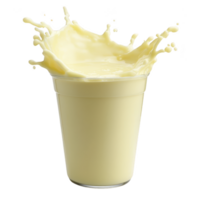 Glass of creamy yellow liquid splashes energetically, capturing moment of motion and freshness. vibrant color and dynamic splash create lively and appetizing visual png