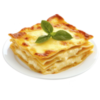Delicious slice of creamy lasagna topped with fresh basil leaves on white plate, showcasing layers of pasta, cheese, and sauce png