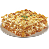 Delicious slice of lasagna with layers of pasta, rich meat sauce, and melted cheese, garnished with fresh herbs on white plate. golden brown top adds to its appetizing appearance png