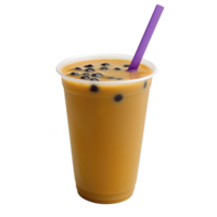 Refreshing cup of bubble tea with purple straw, featuring creamy milk tea and chewy tapioca pearls, served in clear plastic cup png