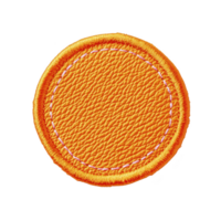 Round orange leather patch with stitched edges creates vibrant and textured appearance, perfect for adding pop of color to clothing or accessories png