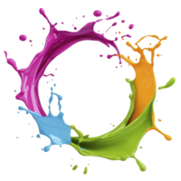 Vibrant splash of colorful paint forms dynamic circular shape, featuring shades of purple, orange, green, and blue, creating energetic and artistic visual png