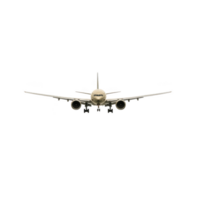 Large commercial airplane is flying directly towards viewer, showcasing its front view with wings spread wide and landing gear visible. aircraft is set against clear sky png
