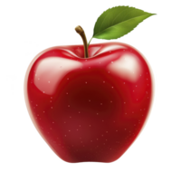 Shiny red apple with green leaf and brown stem, showcasing its vibrant color and smooth texture. apple appears fresh and appetizing against plain background png