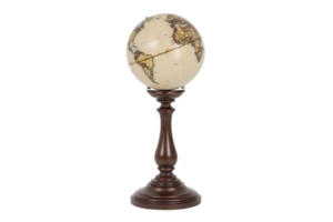 Vintage style globe with wooden stand showcases continents and oceans, offering classic educational tool and decorative piece. globe muted colors evoke sense of nostalgia png