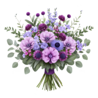 Vibrant bouquet of purple and lavender flowers, including anemones and thistles, is beautifully arranged with lush green foliage, creating elegant and cheerful display png