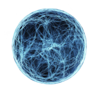 Glowing blue sphere composed of intricate, interconnected lines creates web like pattern against transparency background, evoking sense of complexity and connectivity png
