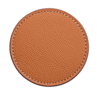Round, brown leather coaster with visible stitching, showcasing textured surface. coaster is isolated on transparency background, highlighting its craftsmanship and simplicity png