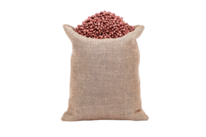 Burlap sack filled with red beans is displayed against transparency background, showcasing texture and color of beans. sack is open at top, revealing beans inside png