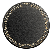 Round black leather patch with intricate beige stitching around edges, creating textured and elegant design. craftsmanship highlights contrast between dark leather and light thread png