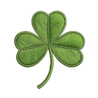 Green embroidered shamrock with three leaves, symbolizing luck and Irish heritage, is depicted on transparency background. detailed stitching adds texture and depth to design png