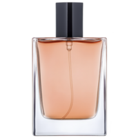 Sleek glass perfume bottle with black cap, filled with amber colored liquid, exudes elegance and sophistication. minimalist design highlights luxurious essence within png