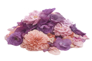 Vibrant assortment of pink and purple flowers, including roses, hydrangeas, and dahlias, creates lush and colorful floral arrangement. petals display variety of textures and shades png